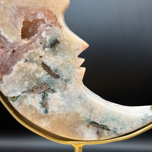 Pink Amethyst Green Jasper Agate Moon Face Profile Carving Druzy Crystal Natural - Picture 2 of 9